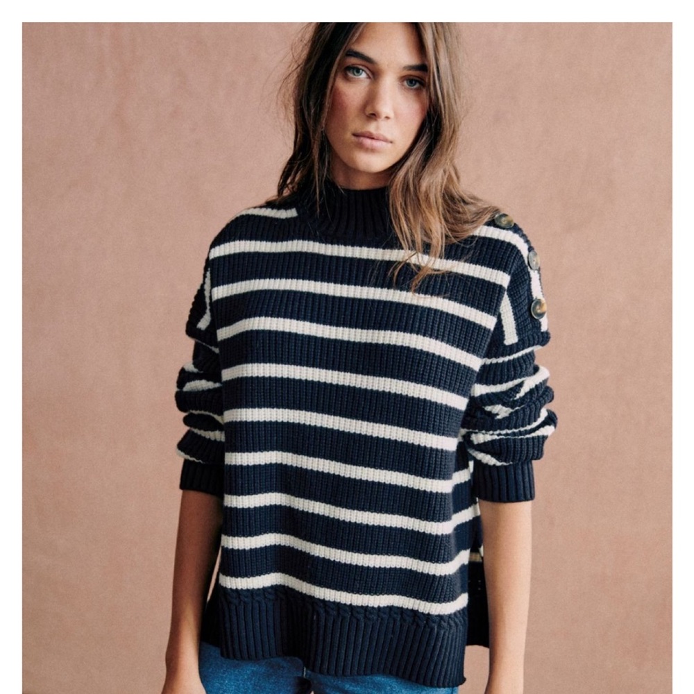 Sezane Adrian Sweater Navy and Crème Stripe
